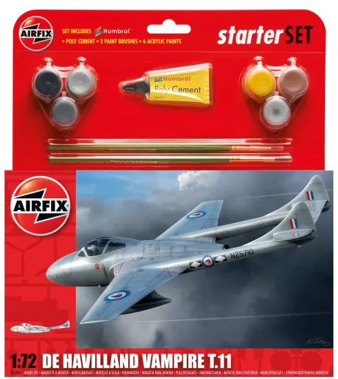 Airfix DH Vampire TII Starter Set in 1:72 bouwpakket met lijm en verf