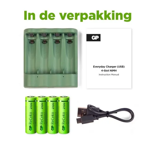 GP ReCyko AA/AAA Everyday Charger (USB) incl 4x AA batterijen 2100mAh