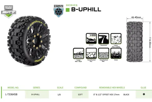 Louise RC MFT B-UPHILL 1/8 Buggy Banden Set – Gemonteerd – Zacht – Zwarte Spaakwielen – Verwisselbare 0″ & 1/2″ Offset Hex 17mm (L-T3364SB)