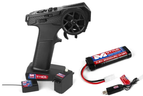 Mstyle RC Set voor 1/10 onroad en offroad (Tamiya) auto’s (bestaande uit 4-kanaals zender, ontvanger, accu, lader, servo)