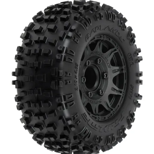 Proline 1/10 Badlands F/R 2.8″ MT Tires Mounted 12mm/14mm Black Raid (2) (12mm wielmeenemers / 14mm wielmeenemers)