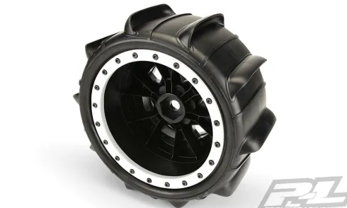 Proline Sling Shot 4.3″ Pro-Loc Sand Tires Mounted for X-MAXX Front or Rear, Mounted on Impulse Pro-Loc Black Wheels with Stone Gray Rings – PRO1014613