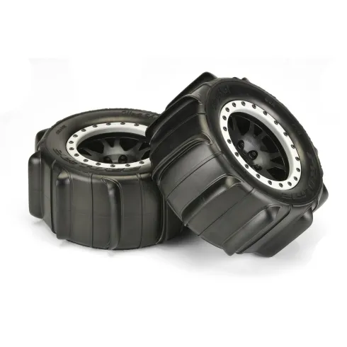 Proline Sling Shot 4.3″ Pro-Loc Sand Tires Mounted for X-MAXX Front or Rear, Mounted on Impulse Pro-Loc Black Wheels with Stone Gray Rings – PRO1014613