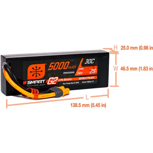 Spektrum 7.4V 5000mAh 2S 30C Smart LiPo G2 Hard Case IC3