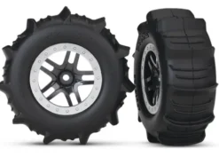 Tires & wheels, assembled, glued (SCT Split-Spoke satin chrome, beadlock style wheels, paddle tires, foam inserts) (2) (4WD front/rear, 2WD rear only) (TSM rated)