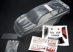 Traxxas Body, Rustler (clear, requires painting)/window, lights decal sheet/ wing and aluminum hardware – TRX3714