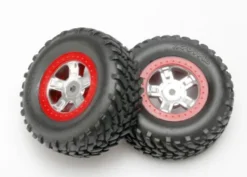 Traxxas Tires and wheels, assembled, glued (SCT satin chrome wheels, red beadlock style, SCT off-road racing tires, foam inserts) (1 each, right & left) – TRX7073A