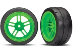 Traxxas Tires and wheels, assembled, glued (split-spoke green wheels, 1.9″ Response tires) (extra wide, rear) (2) (VXL rated) – TRX8374G