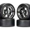 Traxxas Tires and wheels, assembled, glued (split-spoke black chrome wheels, 1.9″ Drift tires) (front and rear) – TRX8378