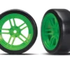Traxxas Tires and wheels, assembled, glued (split-spoke green wheels, 1.9″ Drift tires) (front) – TRX8376G