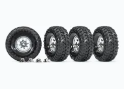 Traxxas Tires and wheels, assembled, glued (1.9″ classic chrome wheels, Canyon Trail 4.6×1.9″ tires) (4)/ center caps (4)/ decal sheet – TRX8183X