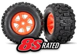 Traxxas Tires & wheels, assembled, glued (X-Maxx orange wheels, Sledgehammer tires, foam inserts) (left & right) (2) – TRX7774T