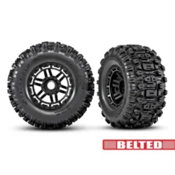 Traxxas Tires & wheels, assembled, glued (black wheels, belted Sledgehammer All-Terrain tires, dual profile (2.9′ outer, 3.8′ inner), foam inserts) (2) (17mm splined) (TSM rated) – TRX8979
