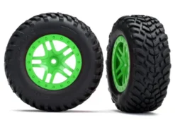 Traxxas Tires & wheels, assembled, glued (SCT Split-Spoke green wheels, SCT off-road racing tires, foam inserts) (2) (4WD f/r, 2WD rear) (TSM rated) – TRX5892G