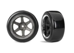 Traxxas Tires & wheels, assembled (six spoke graphite gray wheels 1.9″ Drift tires wide, rear) – TRX10576