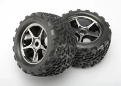 Traxxas Tires & wheels, assembled, glued (Gemini black chrome wheels, Talon tires, foam inserts) (2) (use with 17mm splined wheel hubs & nuts, part 5353X) (TSM rated) – TRX5374X