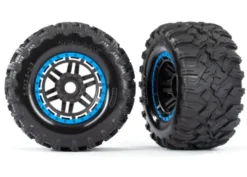 Traxxas Tires & wheels, assembled, glued (black, blue beadlock style wheels, Maxx MT tires, foam inserts) (2) (17mm splined) (TSM rated) – TRX8972A