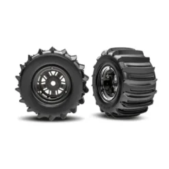 TRAXXAS Tires & wheels, assembled, glued (Pro Scale Sand Car Race black chrome wheels, belted paddle tires, dual profile (3.6″ outer, 4.7″ inner), foam inserts) (rear) (1 left, 1 right) – TRX10973-BLKC
