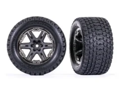 Traxxas Tires & wheels, assembled, glued (2.8′) (RXT charcoal gray & black chrome wheels, Gravix tires, foam inserts) (4WD electric front/rear, 2WD electric front only) (2) (TSM rated) – TRX6764-BLKCR