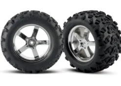Traxxas Tires & wheels, assembled, glued (Hurricane chrome wheels, Maxx tires (6.3″ outer diameter), foam inserts) (2) (fits Revo/Maxx series) – TRX4973R
