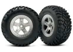 Traxxas Tires & wheels, assembled, glued (SCT satin chrome, beadlock style wheels, SCT off-road racing tires, foam inserts) (2) (4WD front/rear, 2WD rear only) (TSM rated) – TRX5873