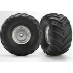 Traxxas Tires & wheels, assembled, glued (satin chrome wheels, Terra Groove dual profile tires, foam inserts) (electric rear) (2) – TRX3663