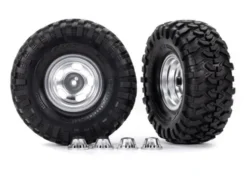 Traxxas Tires & wheels, assembled, glued (2.2″ satin chrome wheels, Canyon Trail 5.3 x 2.2″ tires) (2)/ center caps (2) (requires TRX8255A extended thread stub axle) – TRX8159