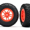Traxxas Tires & wheels, assembled, glued (SCT Split-Spoke orange wheels, SCT off-road racing tires, foam inserts) (2) (4WD f/r, 2WD rear) (TSM rated) – TRX5892