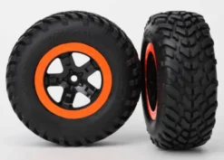 Traxxas Tire & wheel assy, glued (SCT black, orange beadlock wheels, SCT off-road racing tires, foam inserts) (2) (2WD front) – TRX5864