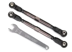 Traxxas Toe links, front, Unlimited Desert Racer (TUBES dark titanium anodized, 7075-T6 aluminum, stronger than titanium) (102mm) (2) (assembled with rod ends and hollow balls)/ aluminum wrench, 7mm (1) – TRX8547A