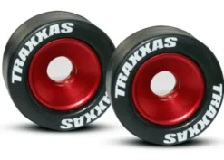 Traxxas Wheels, aluminum (red-anodized) (2)/ 5x8mm ball bearings (4)/ axles (2)/ rubber tires (2) – TRX5186